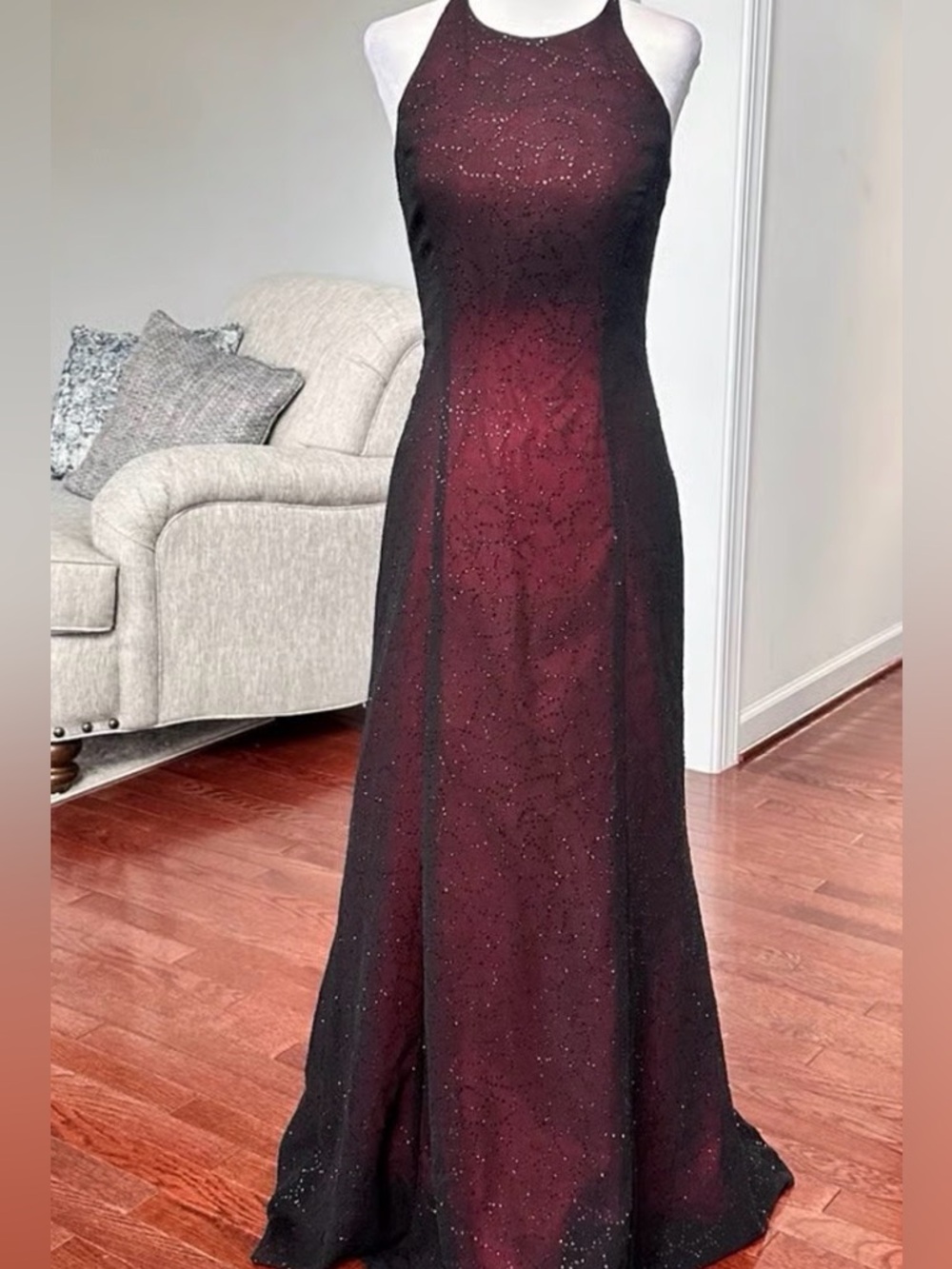 Vintage Spaghetti Strap Halter Burgundy Evening Gown with Black Overlay
